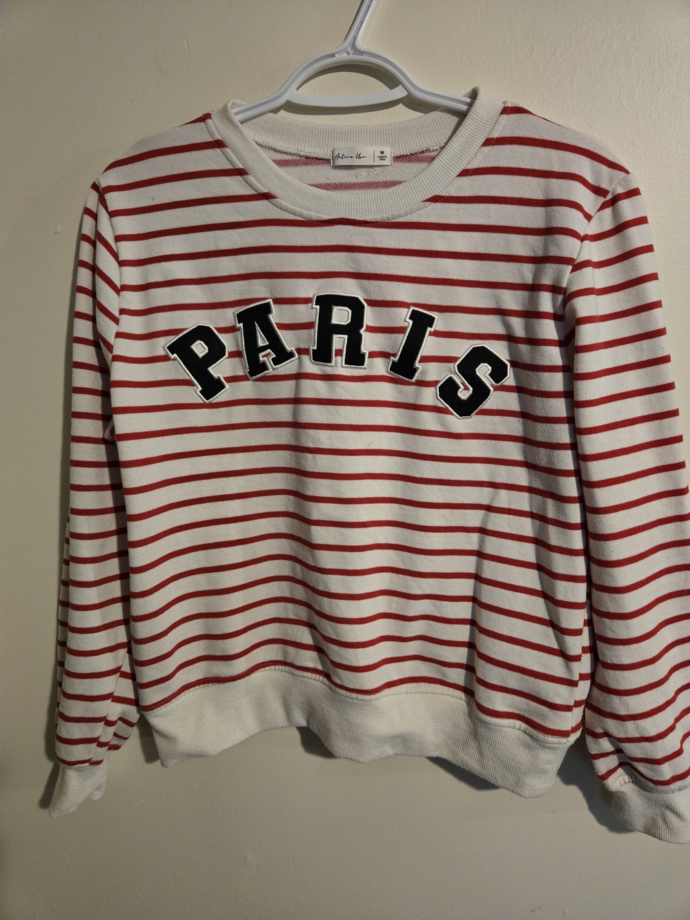 Active USA White and Red Striped Crewneck with Black 'PARIS' Lettering